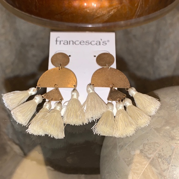 Francesca's Gold and Cream Tassel Earrings - Picture 2 of 3